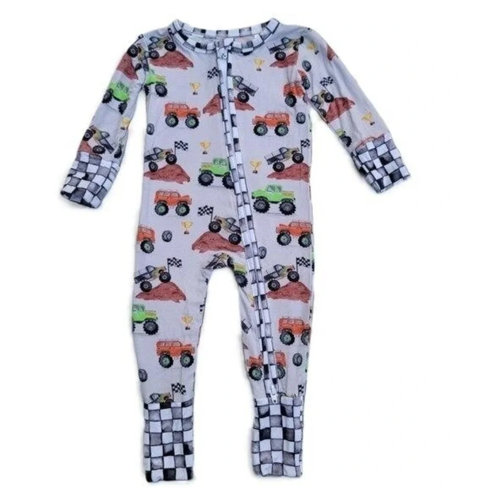 Crew & Company Bamboo Monster Trucks Zip Romper‎ 0-3m Convertible Feet & Hands